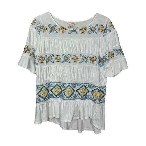 Sundance Cassandra Tiered Embroidered Tee Small White Blue Cross Stitched Boho - Picture 1 of 6